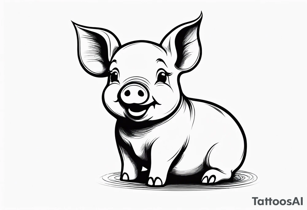 very cute chubby happy piglet.
outline only.
black and white only.
only show the piglet. no extra lines or decoration.
no black shading.
dont make the ears too big.
draw very thin lines tattoo idea