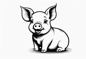very cute chubby happy piglet.
outline only.
black and white only.
only show the piglet. no extra lines or decoration.
no black shading.
dont make the ears too big.
draw very thin lines tattoo idea
