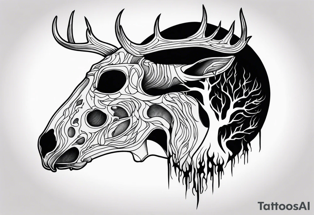 Halloween side profile of a DECAYING deer skull JUST BONE surrounded by a flames and trees in background tattoo idea