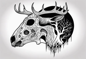 Halloween side profile of a DECAYING deer skull JUST BONE surrounded by a flames and trees in background tattoo idea