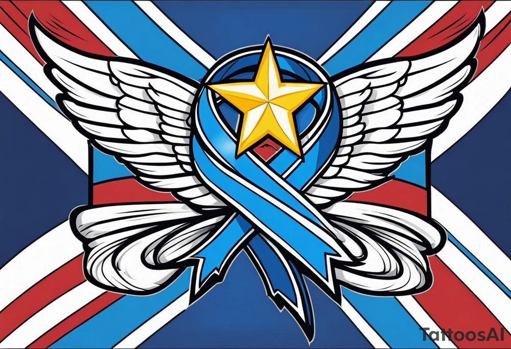 Blue colon cancer ribbon with angel winds and flag blend in tattoo idea
