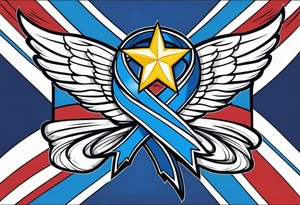 Blue colon cancer ribbon with angel winds and flag blend in tattoo idea