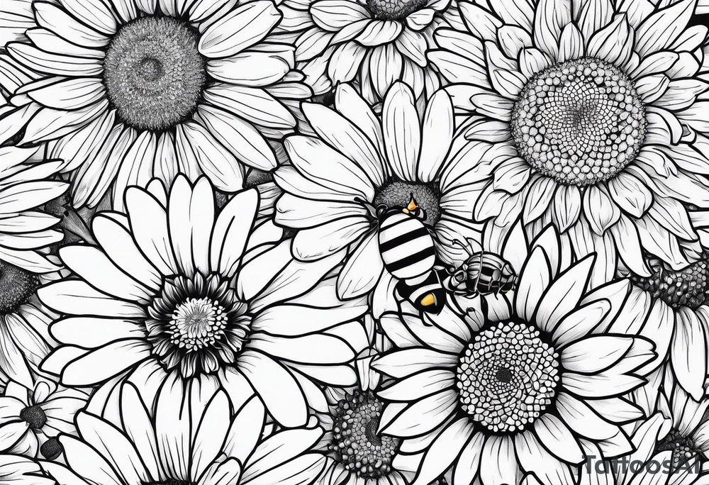 fine line drawing of gerber daisy hawaiian flowers and sunflowers with a bee and a lady bug tattoo idea