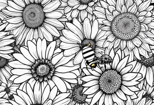 fine line drawing of gerber daisy hawaiian flowers and sunflowers with a bee and a lady bug tattoo idea