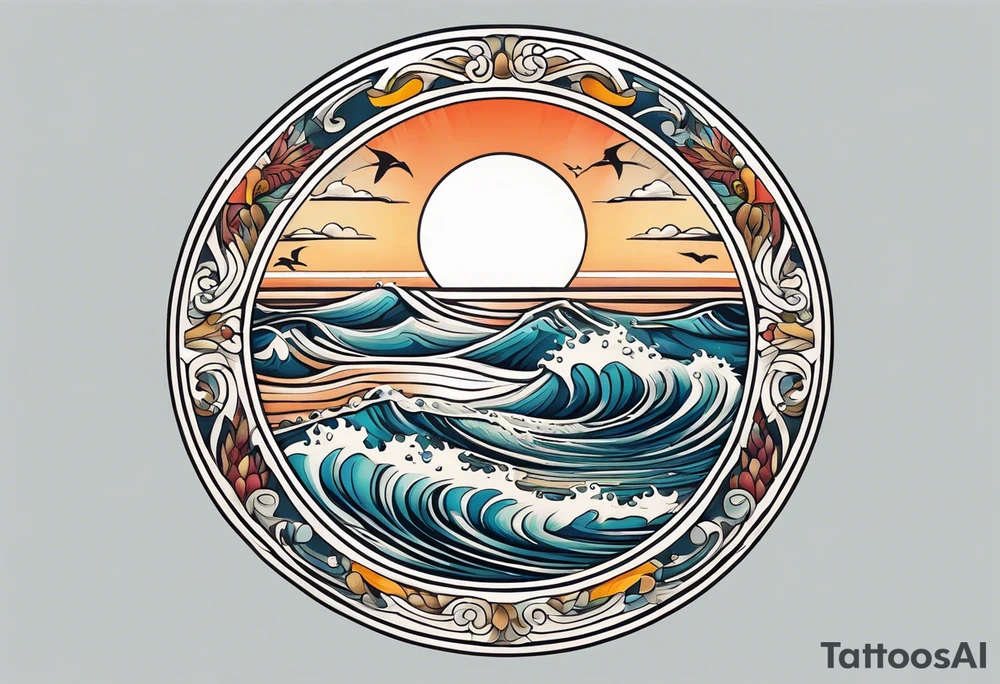 vintage traditional tattoo of ocean waves 
within a circle and banner across bottom deep waters sun birds
beach tattoo idea