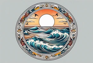 vintage traditional tattoo of ocean waves 
within a circle and banner across bottom deep waters sun birds
beach tattoo idea