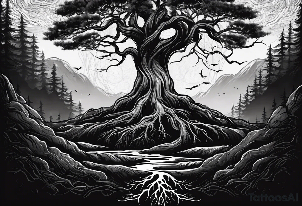 a tall tree with roots with the text of "Deep roots are not reached by the frost." around it tattoo idea
