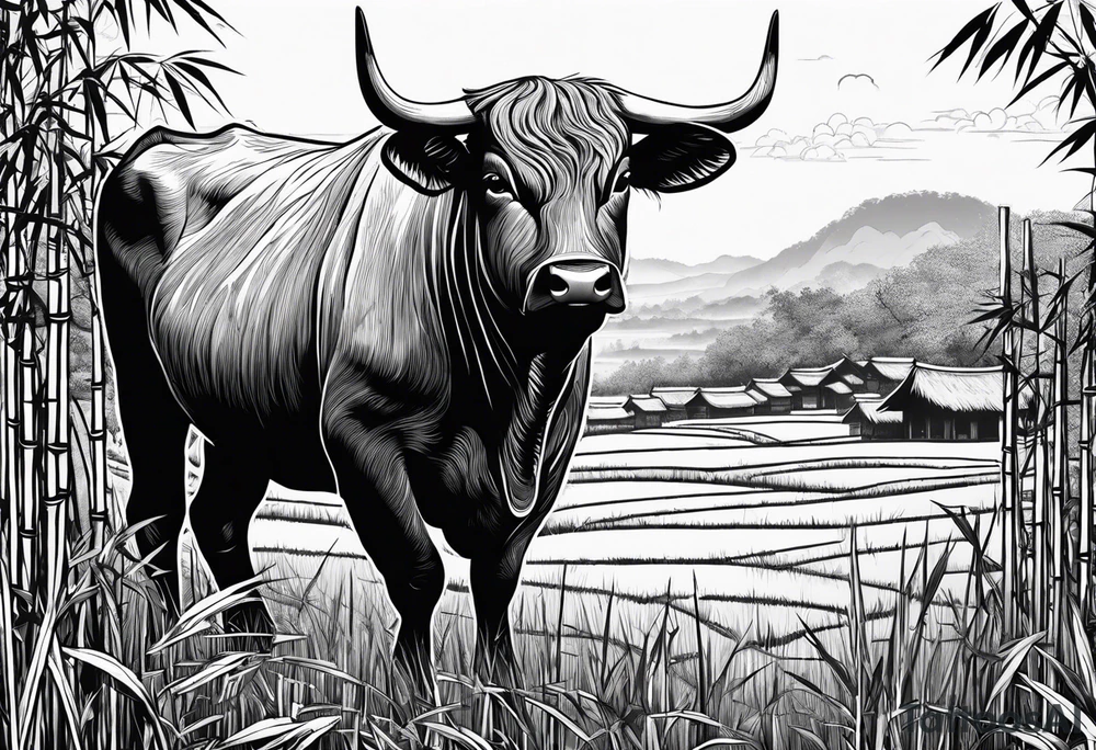 ox in bamboo field engulfed in vietnam country outline tattoo idea