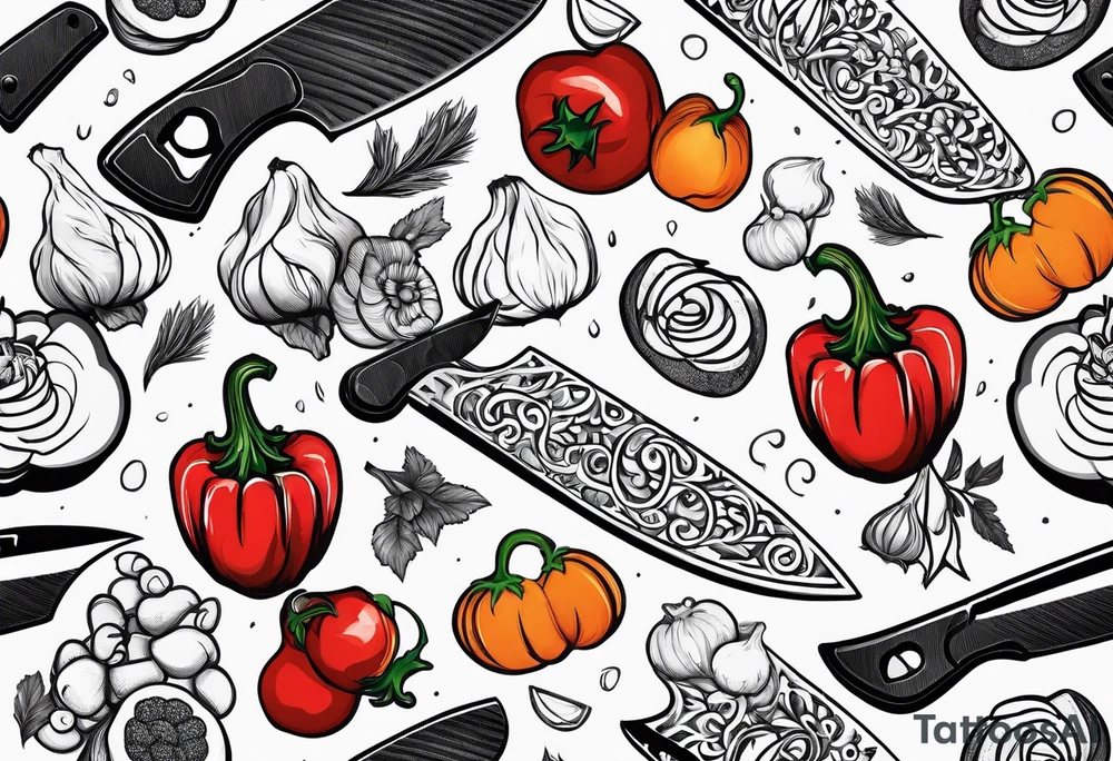 simple Chef knife with vegetables inside blade tattoo idea simple Chef knife with vegetables inside blade tattoo idea