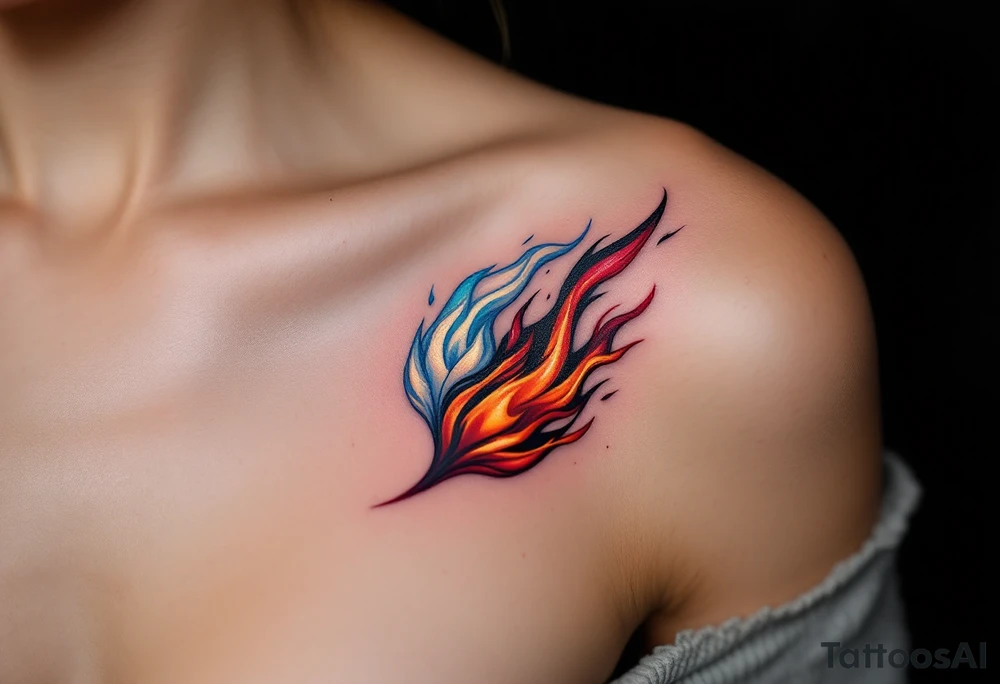 Two flames intertwined—one pure white with hints of sky blue, flickering softly like a candle in the wind, and the other deep crimson, jagged, and violent, consuming everything in its path. The flames twist together but never fully merge. tattoo idea