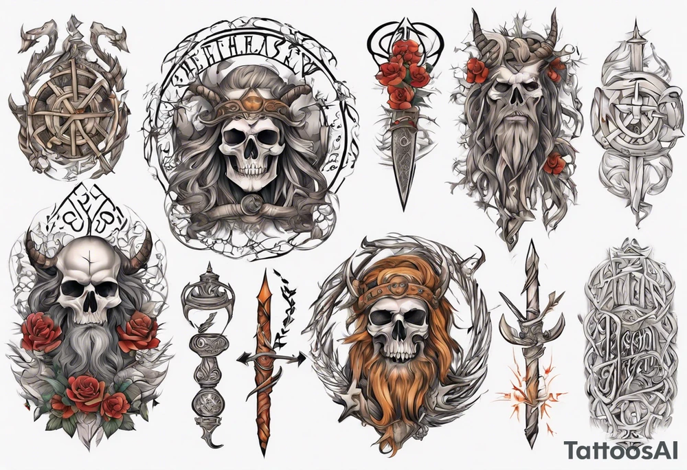 pagan sleeve with heathen writing tattoo idea