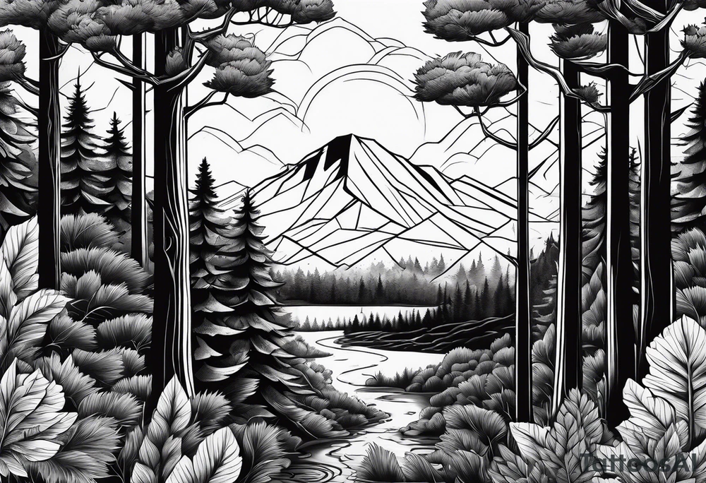 forest along the edges where there are fires below and in the distance with full trees tattoo idea