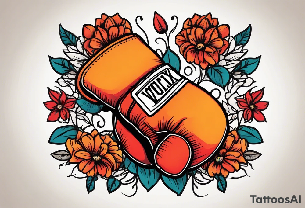 boxing gloves and flowers around the gloves  bold colors traditional old school vintage tattoo idea