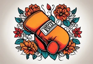 boxing gloves and flowers around the gloves  bold colors traditional old school vintage tattoo idea