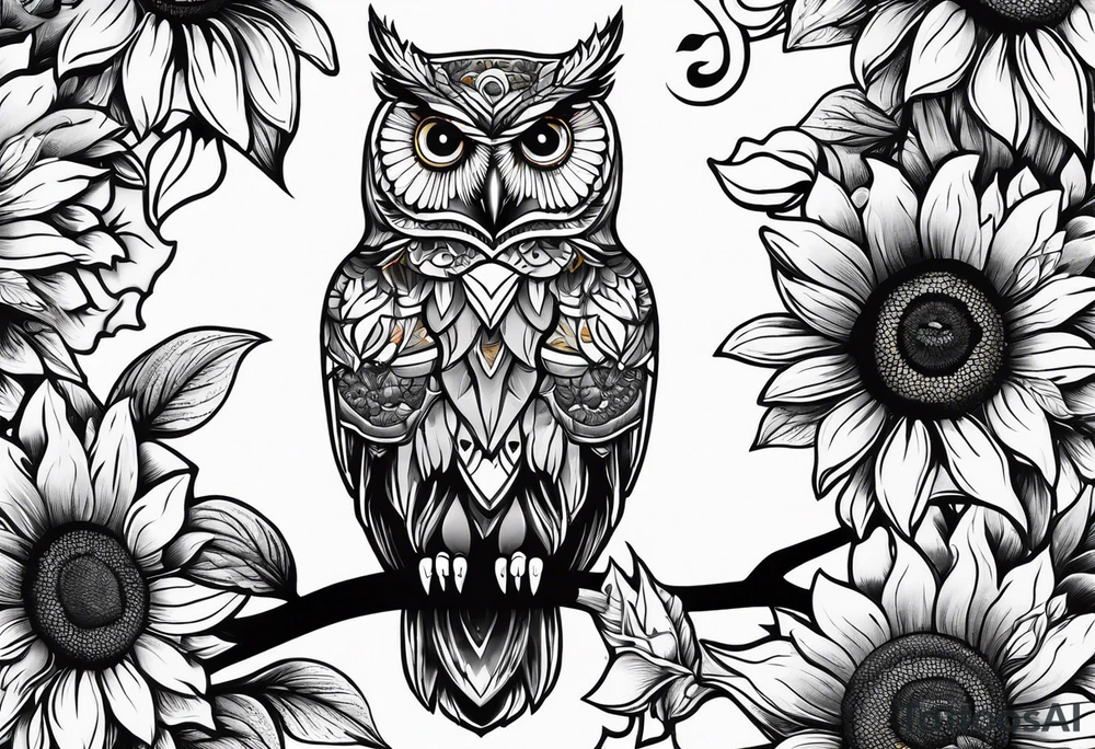 Sleeve Owl with colorful sunflowers tattoo idea