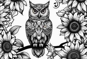Sleeve Owl with colorful sunflowers tattoo idea
