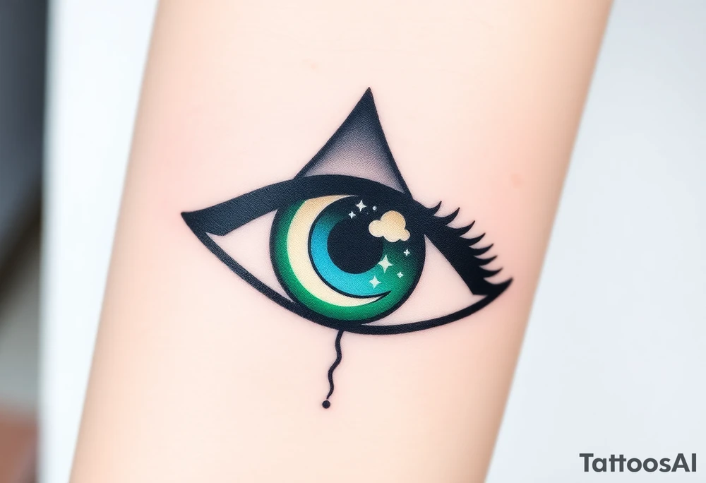 Large almond shaped outline of an eye with an ace of spades eyeball long black eyelashes eyecolored greenish blue vivid colors like green blue purple with a crescent moon stars and clouds inside of the eyeball tattoo idea
