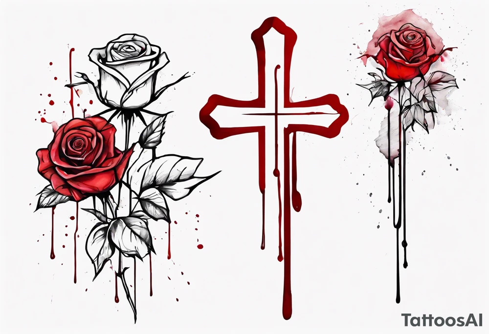 rose flower, one line, red blood dripping from the flower, tall, watercolor, with a Christian cross placed in the bottom half tattoo idea