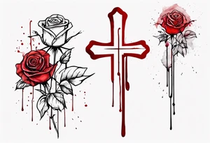 rose flower, one line, red blood dripping from the flower, tall, watercolor, with a Christian cross placed in the bottom half tattoo idea