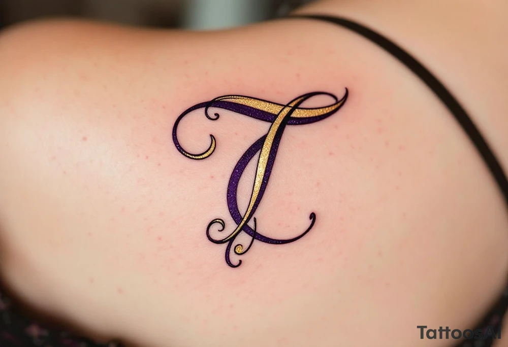 A bold calligraphy "T" in deep plum ink with gold accents curling around its edges. tattoo idea