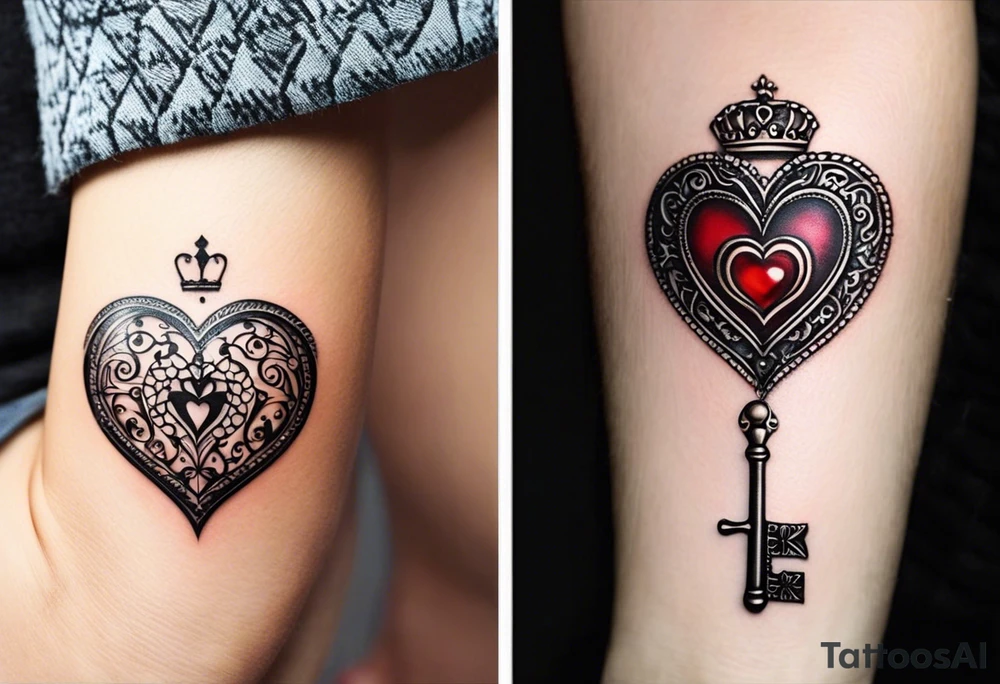 couples tattoo one tattoo is a heart shaped skeleton key with 2016 on it queen of hearts in the design. tattoo on the other person will be a heart shaped locket that has 1999 in the design with the king of hearts. the tattoos next to each other should look to unlock the heart shaped locket tattoo idea