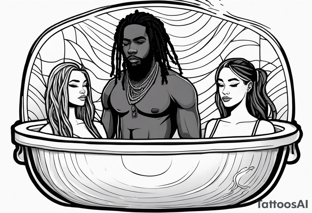 Black guy with dreads inside a foam cup like it’s a jacuzzi with two white girls with the words “Goodvibes in my cup” tattoo idea