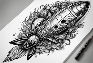thinner rocketship with a psychedelic mushroom top with fire coming out the bottom bursting out of bubble as the bubble pops tattoo idea