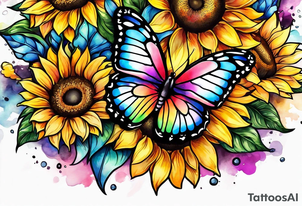 Memorial arm sleeve for mom with rainbow sunflowers and butterflies tattoo idea