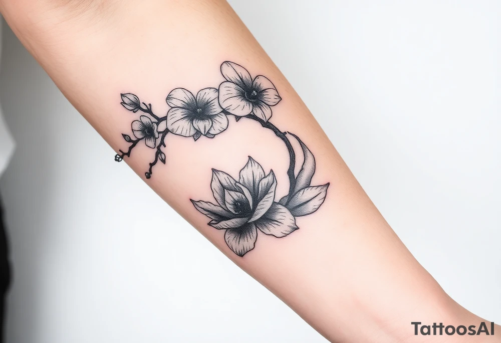 Orchid or cherry blossom tree and lotus and snake on a woman tattoo idea
