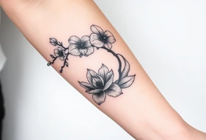 Orchid or cherry blossom tree and lotus and snake on a woman tattoo idea