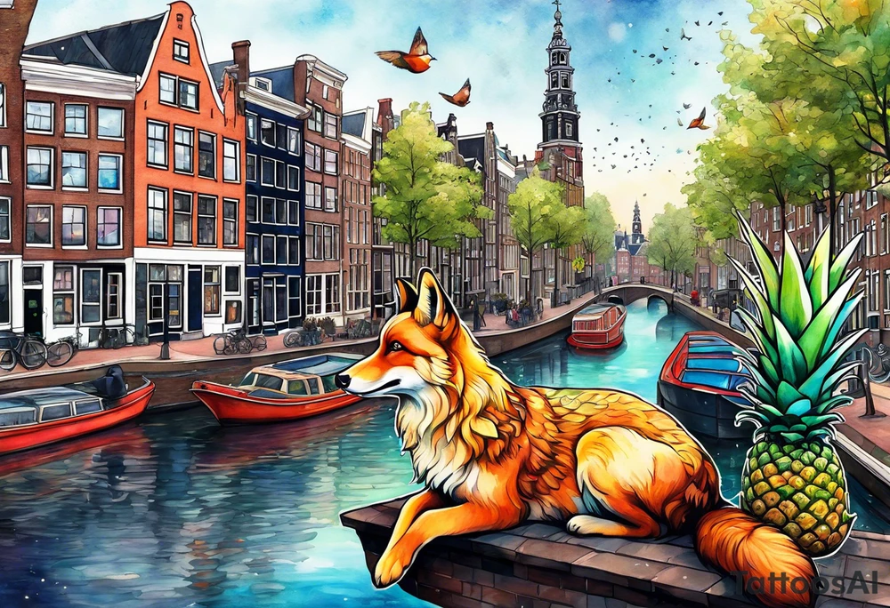 Animals, pineapples, stags, birds, foxes, Amsterdam, canal, Amsterdam buildings, Amsterdam canal, space, galaxy colours, universe tattoo idea