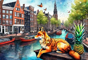 Animals, pineapples, stags, birds, foxes, Amsterdam, canal, Amsterdam buildings, Amsterdam canal, space, galaxy colours, universe tattoo idea