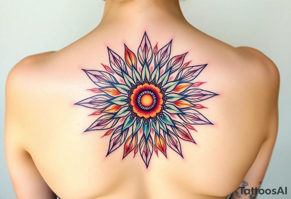 A sunburst pattern radiating from centered in round cyrcle of the the Flower of Life, embodying energy and vitality tattoo idea