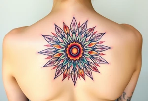 A sunburst pattern radiating from centered in round cyrcle of the the Flower of Life, embodying energy and vitality tattoo idea