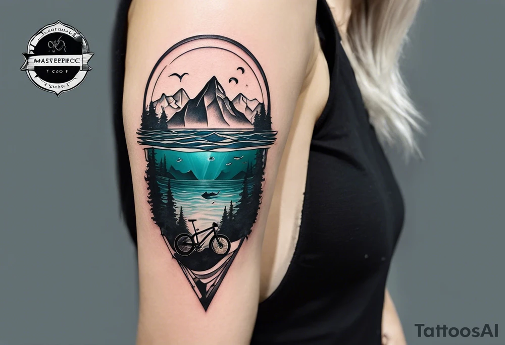 This is a minimalistic tattoo that is split into 2 sections; a top half and a bottom half. The top half is a mountain in Norway with a mountain bike trail winding down the mountain. The bottom half of the tattoo depicts an underwater scene featuring water, and sea life. tattoo idea