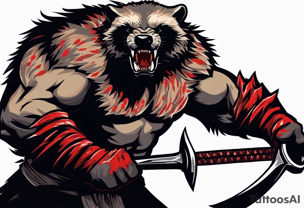 Draw me psychopath Fearless Honey Badger/Berserker with aggressive full body, killer face with a scary smile, very long nails and he attacks like a Bloody Assassin/Warrior/Gladiator to us and also, he has very deadly looking. He fights with his nails only. Everybody scares after their first sight. Give me horror type Badger Tattoo. I want to see his Realistic full body with no weapons. You can show destruction at the back. tattoo idea
