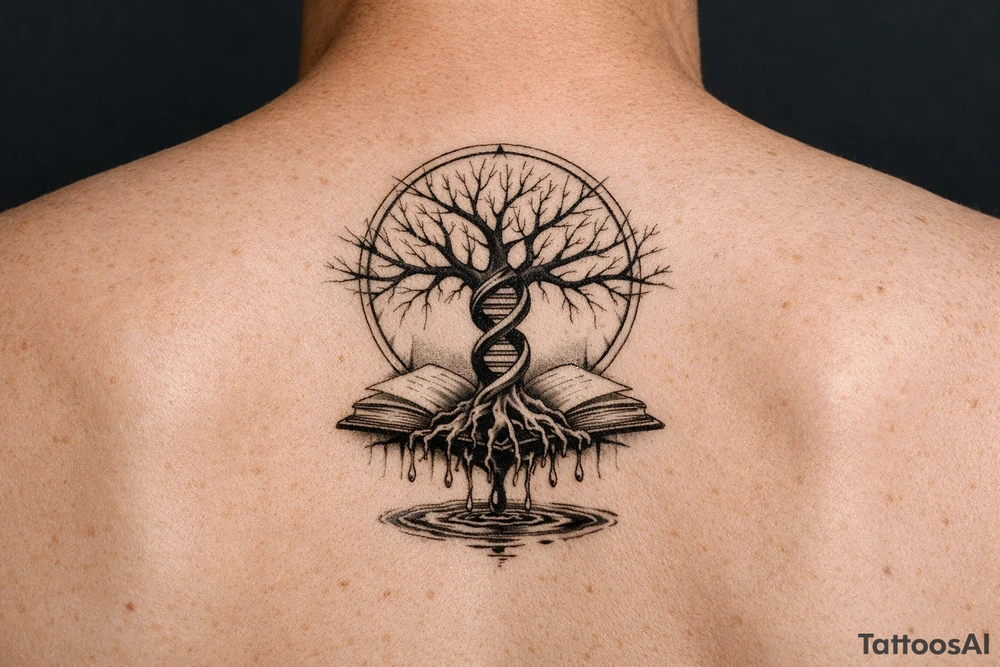 tree of life with a dna spiral for the trunk, bare branches spreading out at different lengths in a geometric circle, and roots sprouting through open books, with water dripping from the roots into a puddle tattoo idea