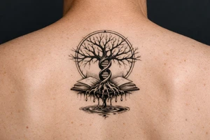 tree of life with a dna spiral for the trunk, bare branches spreading out at different lengths in a geometric circle, and roots sprouting through open books, with water dripping from the roots into a puddle tattoo idea