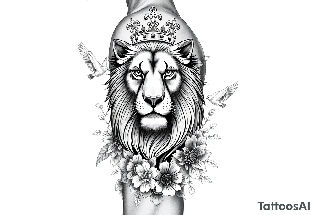 powerful majestic lion with a crown, surrounded by floral ornaments and birds tattoo idea