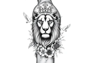 powerful majestic lion with a crown, surrounded by floral ornaments and birds tattoo idea