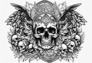 Angels fighting demons over fire with skulls in the background tattoo idea