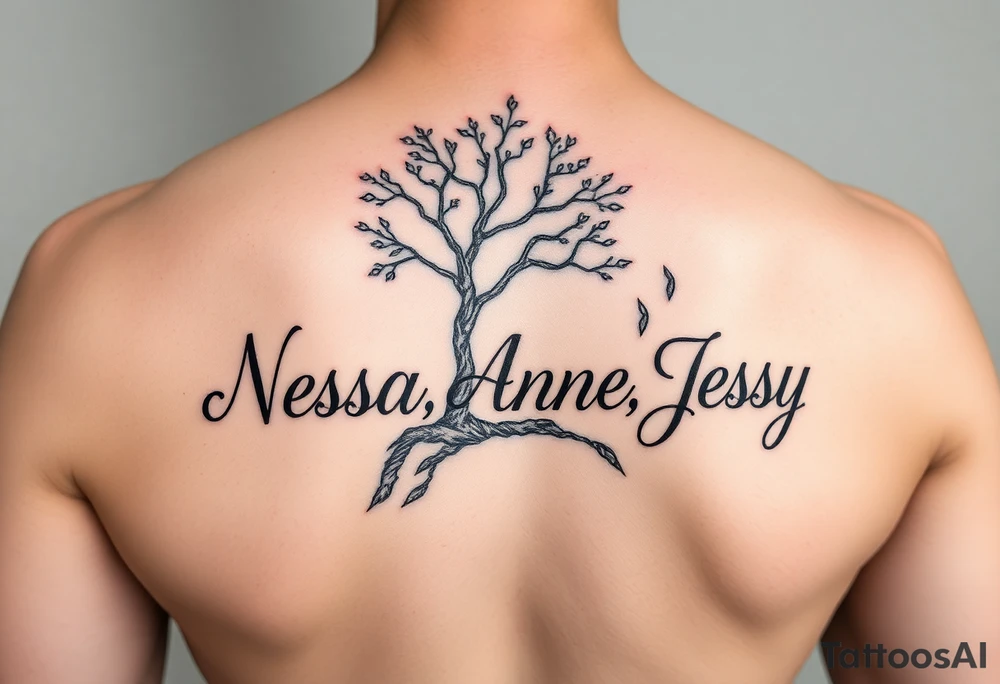 the name Nessa, Anne, Jessy in a live tree tattoo idea