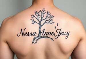 the name Nessa, Anne, Jessy in a live tree tattoo idea