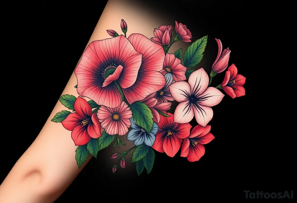 Fore arm tattoo in the neo american traditional style. I want to incorporate a few different flowers: Poppies, Morning Glory, Narcissus with green leaves in the background tattoo idea