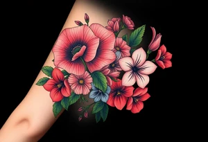 Fore arm tattoo in the neo american traditional style. I want to incorporate a few different flowers: Poppies, Morning Glory, Narcissus with green leaves in the background tattoo idea