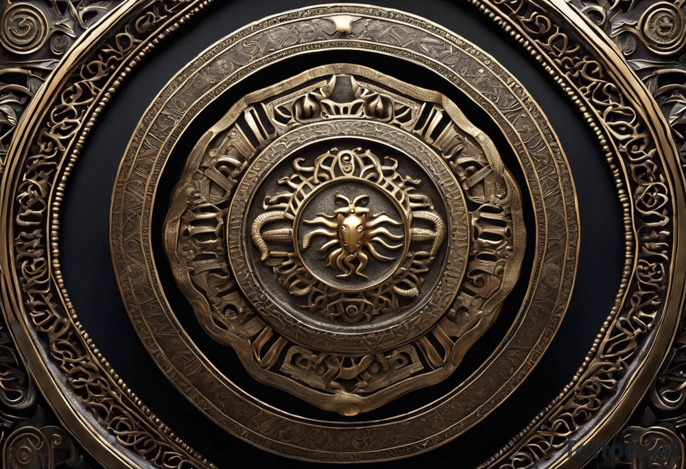 A shield with intricate patterns and engravings, adorned with coiled snakes and scorpions underneath. Rays of light emanate from the shield, signifying spiritual power.Contrast: Bold outlines for the shield and creatures, with detailed patterns.
Detail: Delicately depict the scales of snakes and the segmented bodies of scorpions. tattoo idea