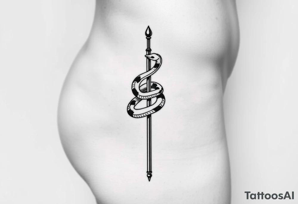 Snake tatto graphic on the hip. Positioned on the hip bone and lower closer to lady parts and leg. Snake symbolically wrapped over the pole (pole dance one). Minimalistic graphic style. Only snake and pole. Positioned horizontally, Pole vertically (not just Pole but a special pole for pole dance, but not to much details) tattoo idea
