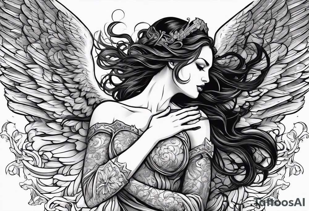 angel woman and devil woman fighting on the sky , big wings , angel at the right , tattoo idea