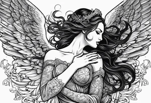 angel woman and devil woman fighting on the sky , big wings , angel at the right , tattoo idea