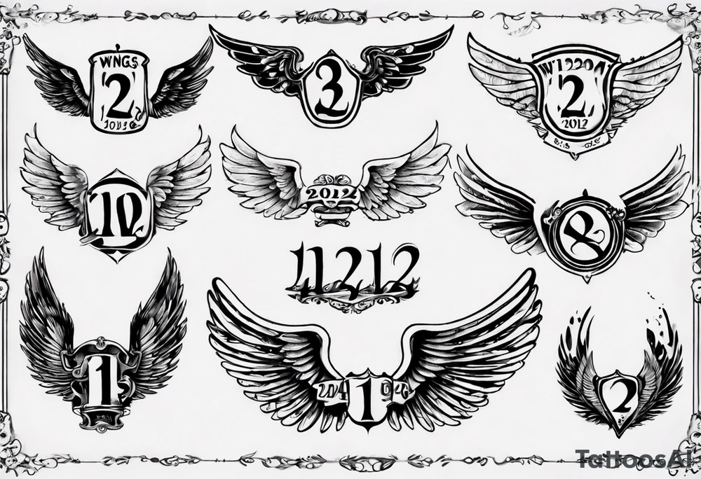 Wings with the dates (1) 09/12/2012 and (2) 24/10/2023 in between the wings tattoo idea